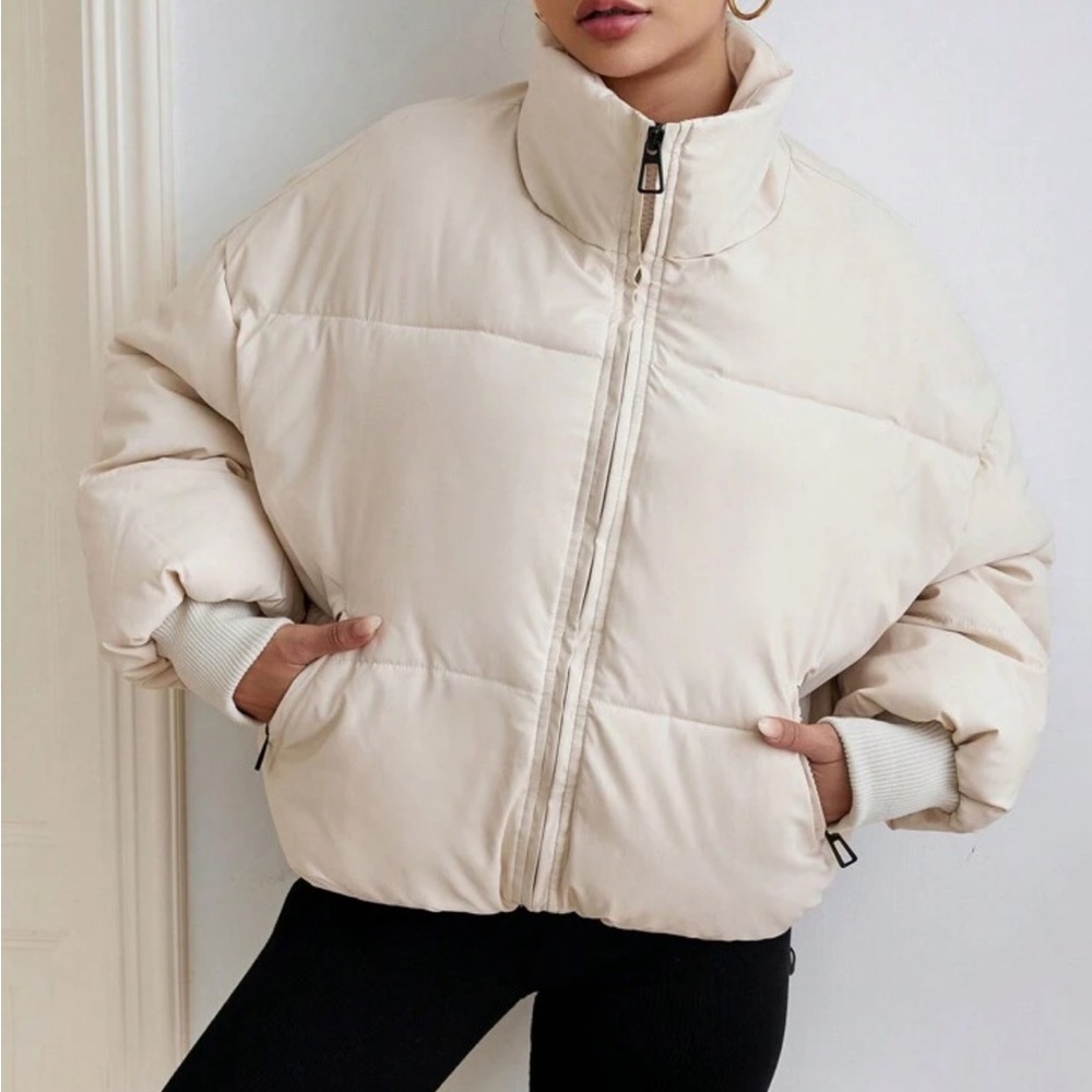 Shein Essnce Zip Up Drawstring Hem Puffer Coat. EUC. Color camel. Size Large. - Picture 8 of 11